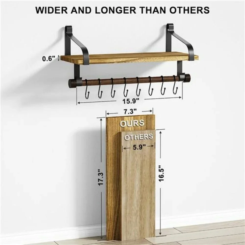 Floating Shelf Wall Shelf Rustic Wood with Towel Bar and 8 Removable Hooks